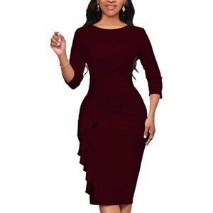 Women's 3/4 Sleeve Ruffle Bodycon Pencil Midi Dress Burgundy Medium